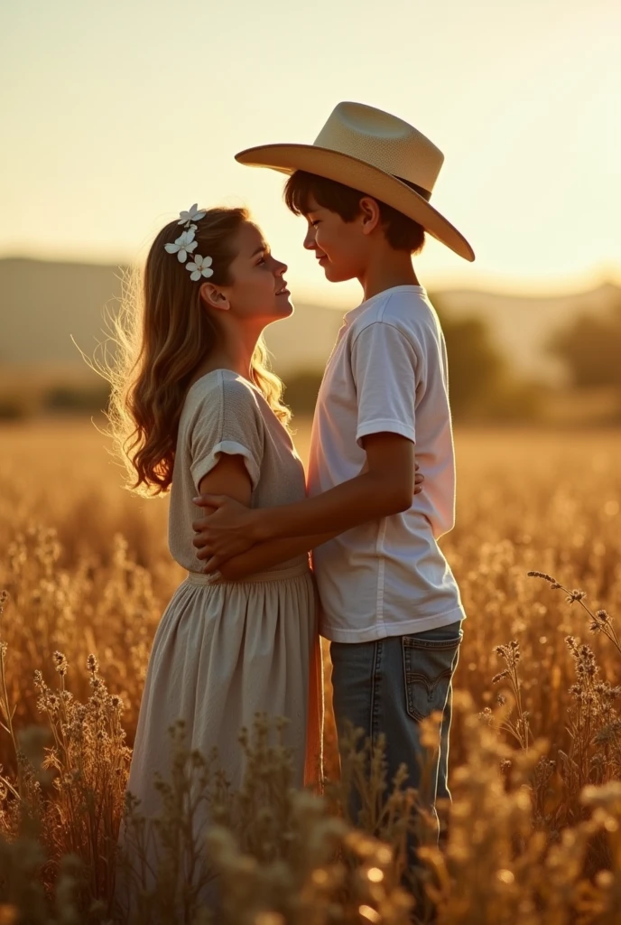 A young boy and girl in the field having sex