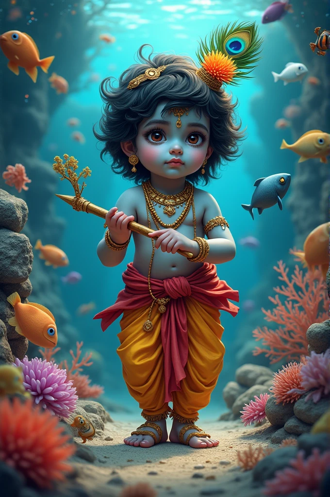 (photorealism:1.2), baby Bron who krishna, who's at darknight with heavy rain and strom in sea, babybron krishna sitting on head top of bashuki snake with eight heads 