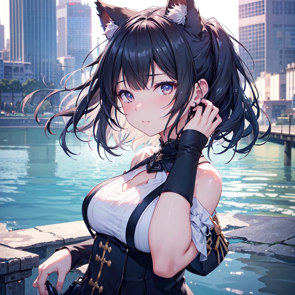 ((beste-Qualit))、((masterpiece))、((ultra-definition))、(illustratio)、(Fine light)、(Extremely delicate and beautiful)、(((独奏)))、1 girl in、(((beautiful a girl)))、opened mouth、Tremendous smile、(Black-haired), (Black cat ears), (Ahoge), (absurdly short hair), (Maeby Hair), (Blue eyes),Fashionable background、piece sign、mideum breasts、Wearing a ring、