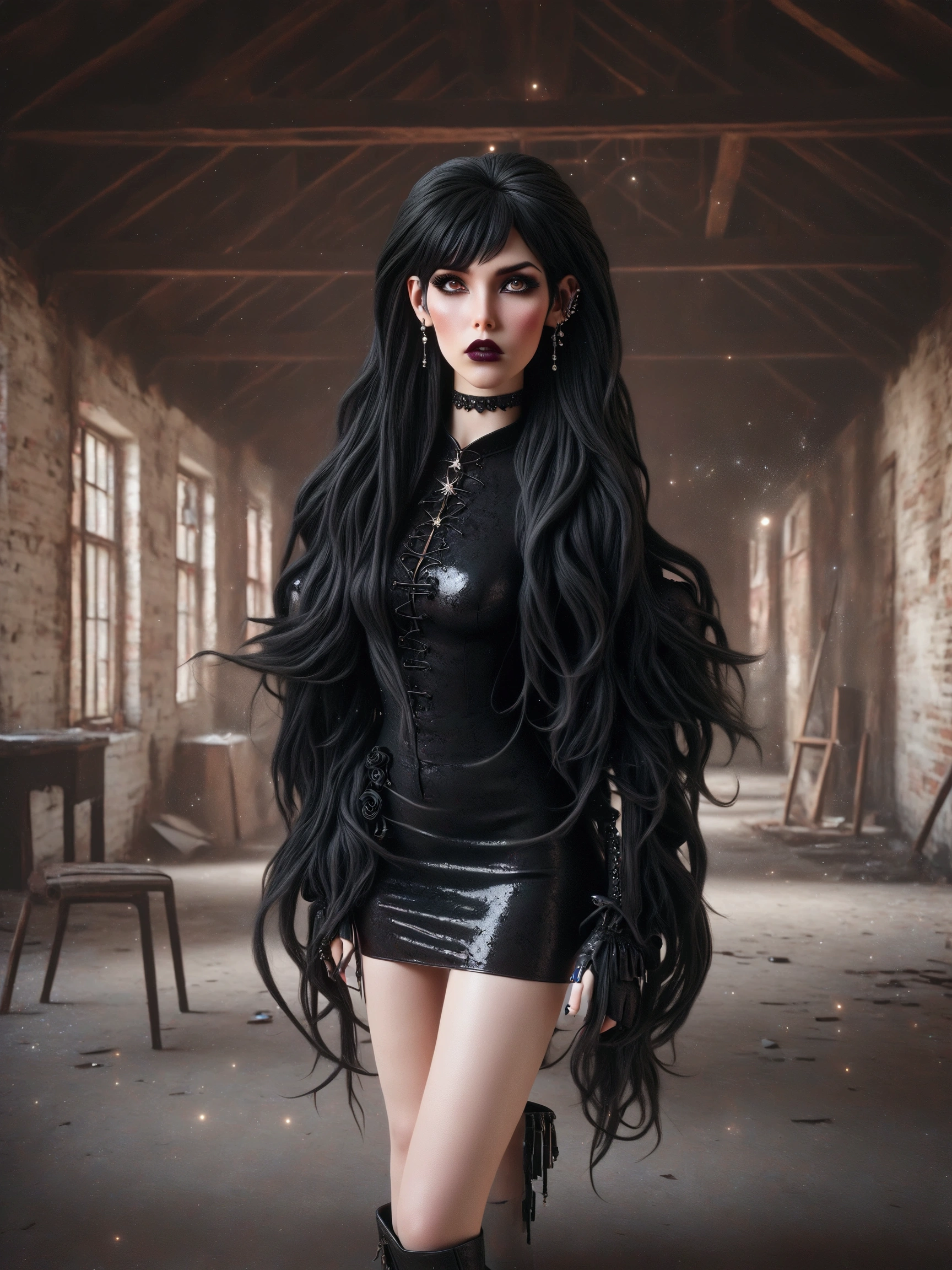 A 3D photorealistic image of a gothic woman with black hair and extremely long, ultra-realistic hair. She is wearing a black PVC dress outfit and black boots. She has multiple piercings, including a nose ring and several earrings on her ears. The woman is standing in an abandoned building with a rustic charm, featuring exposed bricks and wooden beams. There are abandoned items, such as a chair and a lamp, scattered around. The overall ambiance of the photo is dark and eerie.