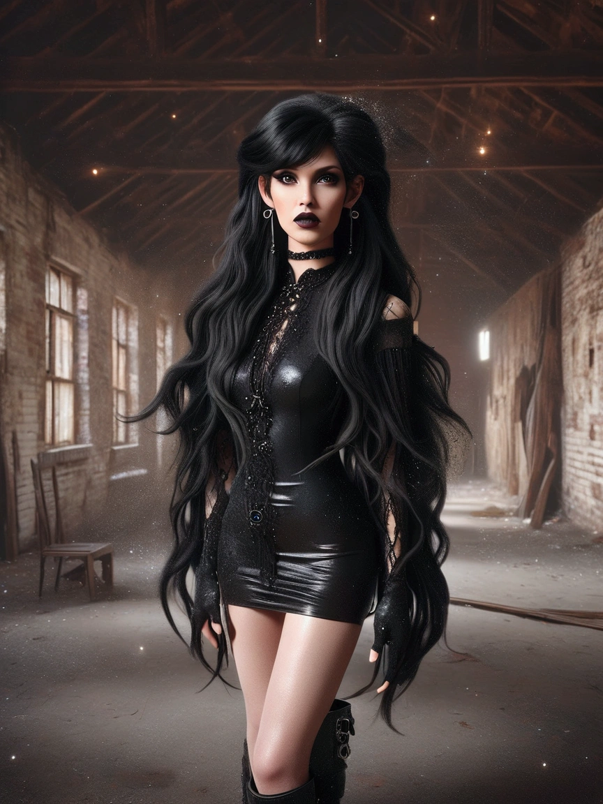 A 3D photorealistic image of a gothic woman with black hair and extremely long, ultra-realistic hair. She is wearing a black PVC dress outfit and black boots. She has multiple piercings, including a nose ring and several earrings on her ears. The woman is standing in an abandoned building with a rustic charm, featuring exposed bricks and wooden beams. There are abandoned items, such as a chair and a lamp, scattered around. The overall ambiance of the photo is dark and eerie.