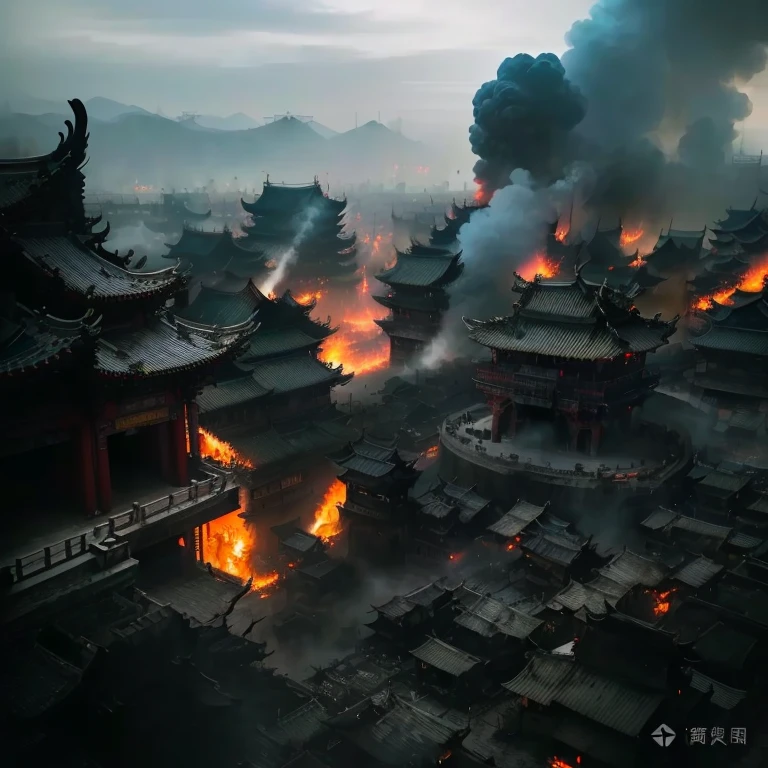 (CG footage with extreme detail, Chinese village, ruins fire and regret, crystal clear, moving shot, ruins, fire, gunsmoke, broken ruins, smoke, looking up at the camera,