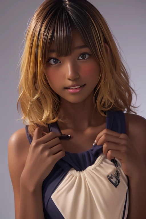 (((( one girl )))), Put your hand over your mouth、Beautiful breasts、 Brown eyes, ((Gal Hairstyles)) blonde, girl, (Eye and facial details:1.0), break, (masterpiece, Highest quality, Very detailed, Detailed face, 8k),( dark skin:2.05 ), (((( school swimsuit )))),( open mouth ),(((( thick lips )))),(((( african  ))))