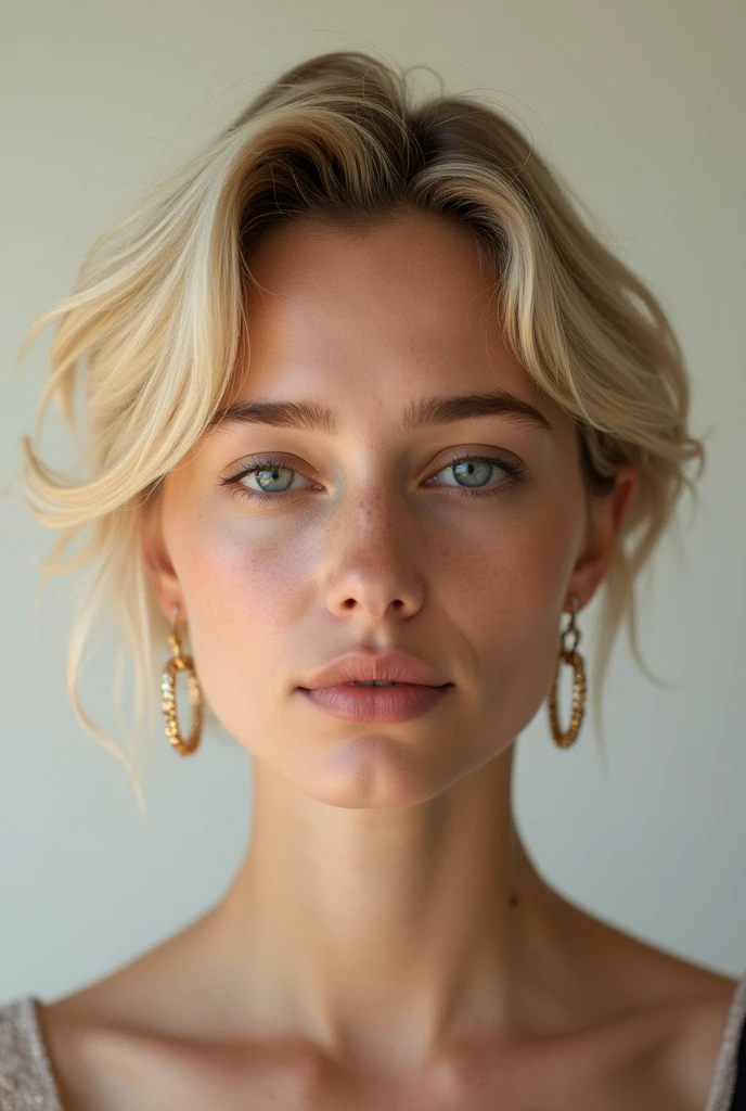 a 45 year old woman, blonde hair, expression lines on her face, gold earrings, freckles, bow in her hair, detailed facial features, intricate hairstyle, warm skin tones, natural lighting, cinematic lighting, photorealistic, 8k, hyper detailed, masterpiece