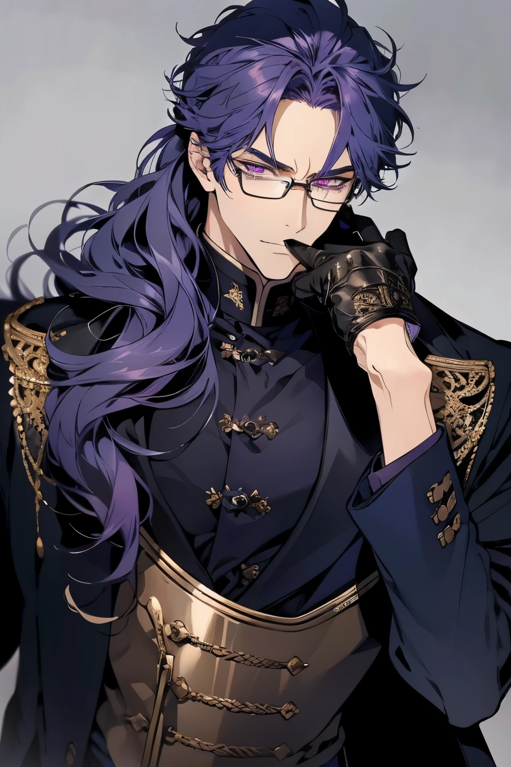 (8k, HD, best quality, intricate details, dark colors, masterpiece: 1.2) realistic, man, mature male, a masculine professor adjusting his gloves, male, long curly hair, ((purple eyes)), serious, eyeglass, closed mouth, extremely detailed face, cold, ((light navy blue hair)), [thick eyebrows], BREAK ((bare chested)), torso, abs, accurate, detailed, ), curly long hair, eyeglasses, staring at viewer, neutral background, formal, royal, portrait upper-body shot, BREAK black gloves, ((glove biting))