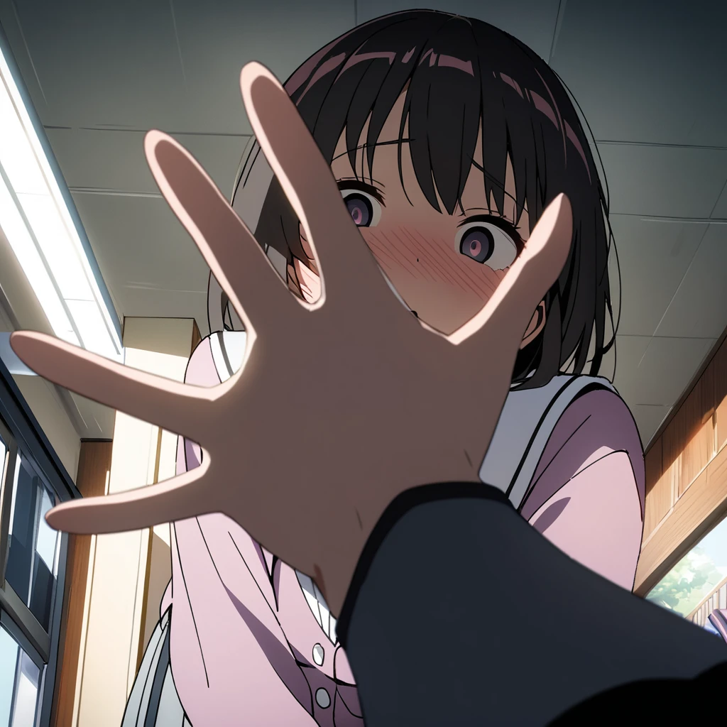 masterpiece,best quality, 1girl,solo,girls und panzer, nishizumi maho, brown hair, brown eyes, short hair, hetero, 1boy, (fellatio,blowjob,deep throat:1.3),oral, solo focus, (pov:1.2), ((CumShot, Cum in Mouth)), (CreamPie:1.3),deepthroat / cum / hands on another's head / pov hands / head grab