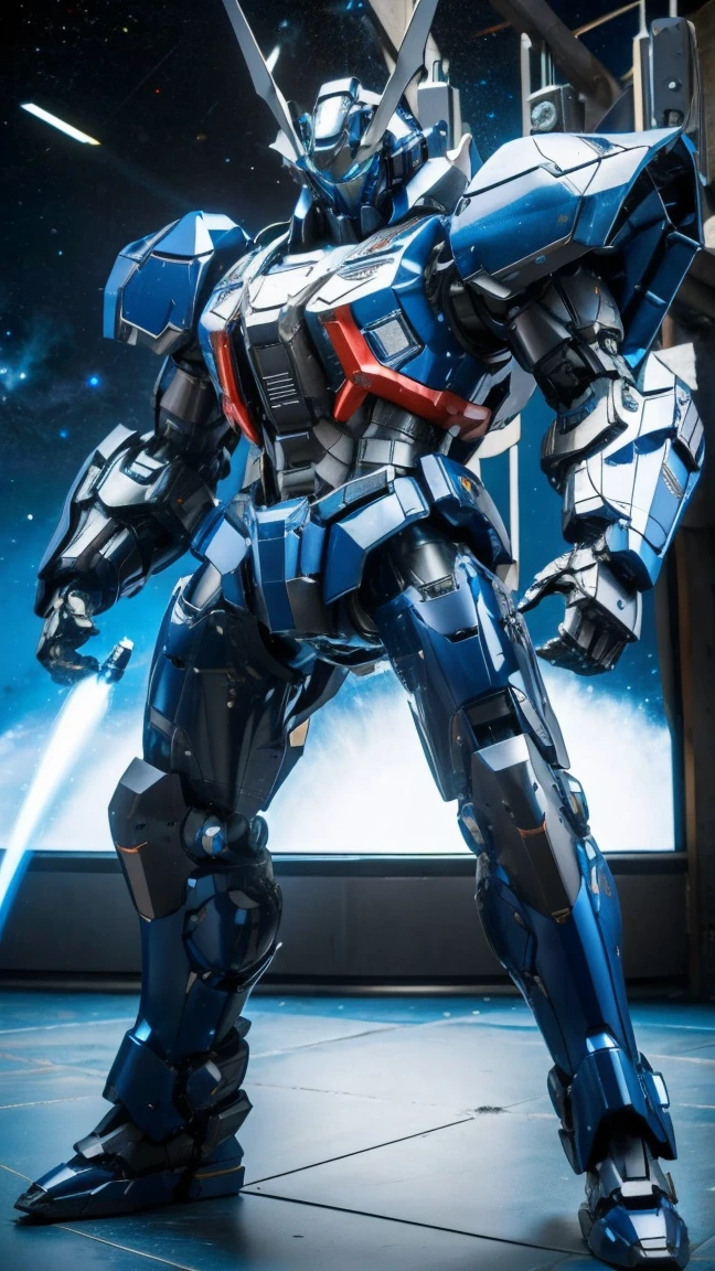 Full-body image of the blue iron robot,((Giant robot)), Full metal armor, Realistic, photoRealistic, High quality, 8k, Very detailed, Masterpiece, Dynamic poses, Amazing light, laser, Jet plane, sci-fi, of the future, Bright colors, Wear a high-tech full-face helmet covering your face., Digital HUD. space station