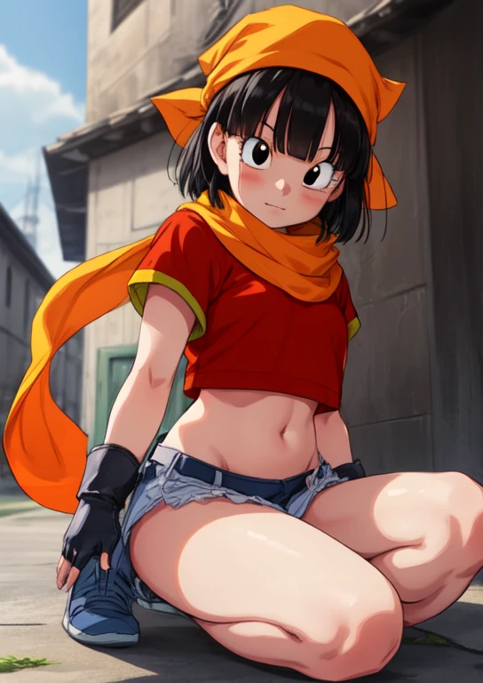 pandballgt,1girl, black eyes, black hair, short hair, orange bandana, (white panties:1.6), fingerless gloves, red shirt, crop top, child female, round butt