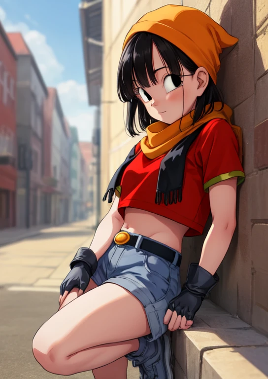 masterpiece, The best quality, The highest quality, photorealistic, perfect anatomy, Perfect face, perfect eyes,
pandballgt, 1 Little girl, black eyes, black hair, short hair, orange scarf, pants, fingerless gloves, red shirt, Crop above, exterior, , Women,((Show panties)), ((show legs)),pose sexy