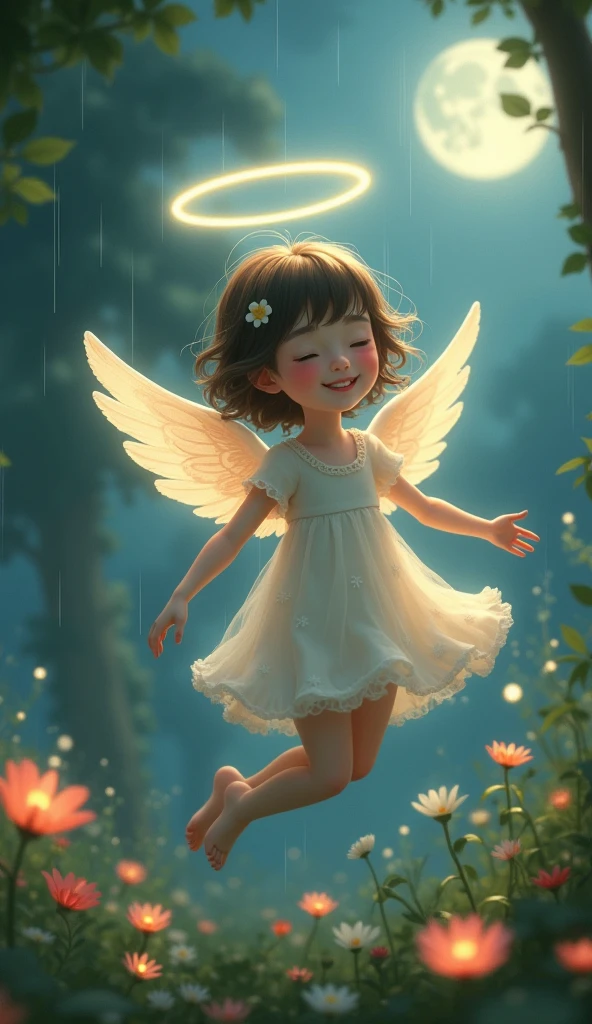Fairy grabbing dandelion fluff and flying、Transparent feathers、Smiling、kawaii faces、Little girl、