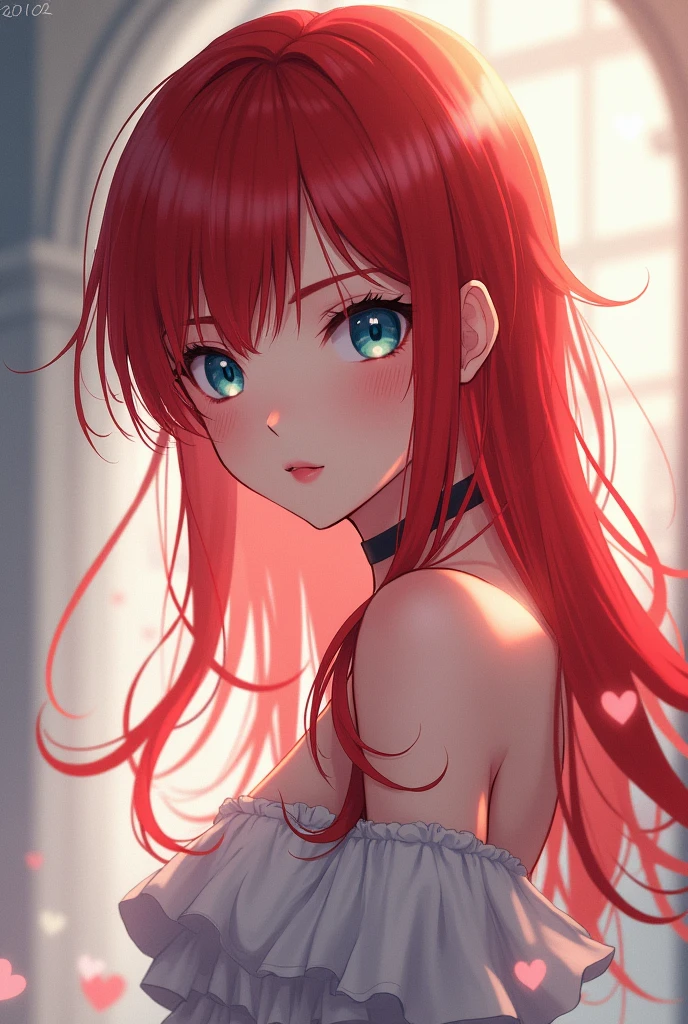 Long red hair with a long white lock , One eye is blue and the other eye is purple., beautiful medium bust. anime