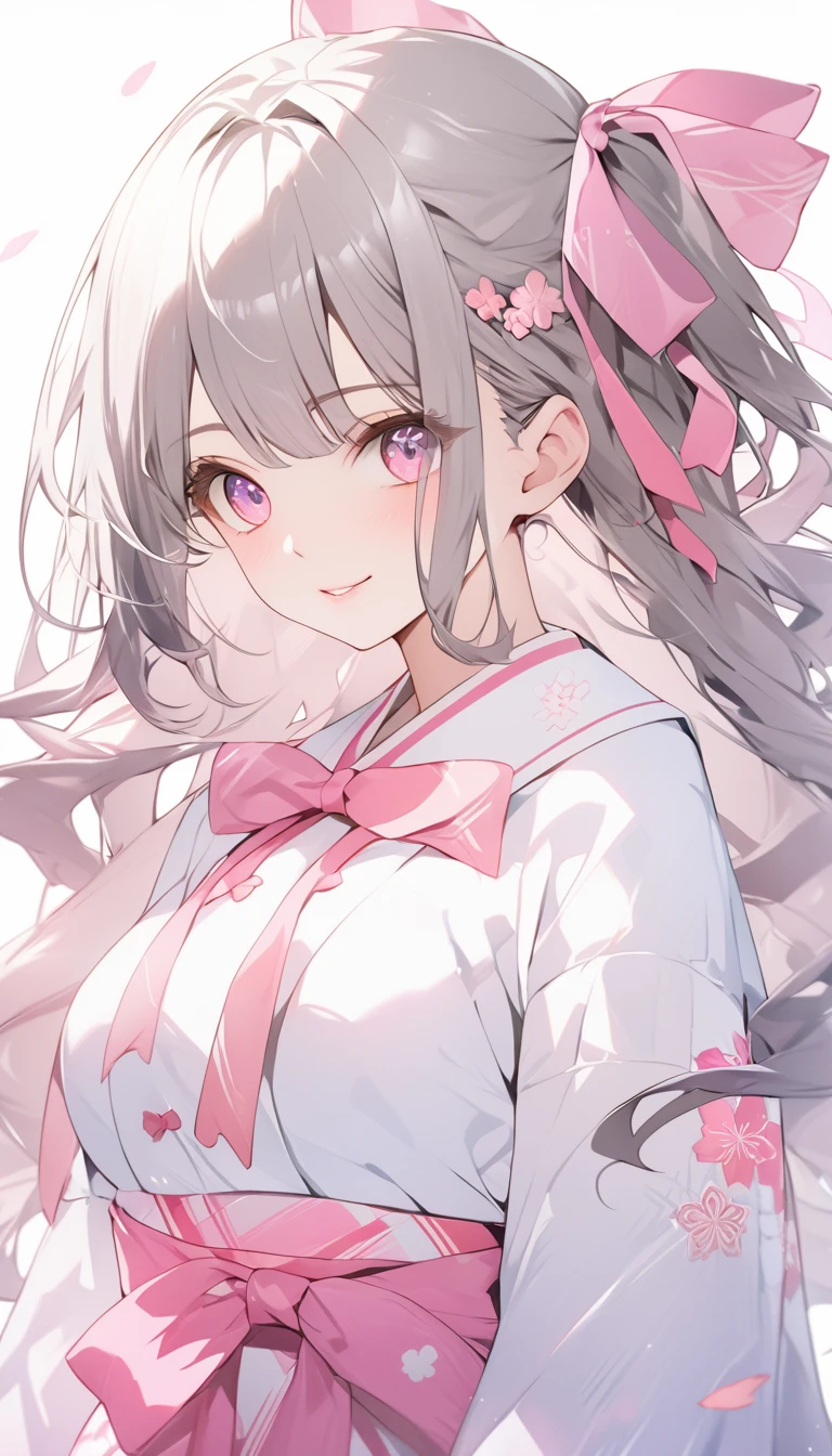 Highly detailed face,fine grain,Highlighted eyes, medium breasts ,pretty girl, smile shyly,Cat ear,Beautiful silver hair,Pink inside,Beautiful pink eyes,shiny skin, beautiful shadow,White sailor uniform,ribbon, I want to send a letter to you
