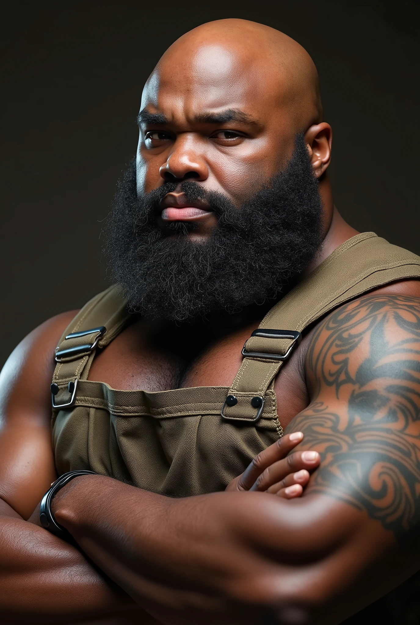 A very short, smooth, hairless body, handsome cute ebony malawian younger twink with a full beard, great full smile and dimples, his hairstyle is bald, tattoos, very big shoulder muscles, tiger tattoo on his chest, naked showing his 9 inch black dick, he is short and fat, smooth hairless body, short and stocky, Dad bod, no body hair, smooth body, big round belly, he is 5'3" short body, wearing nurse scubs clothing