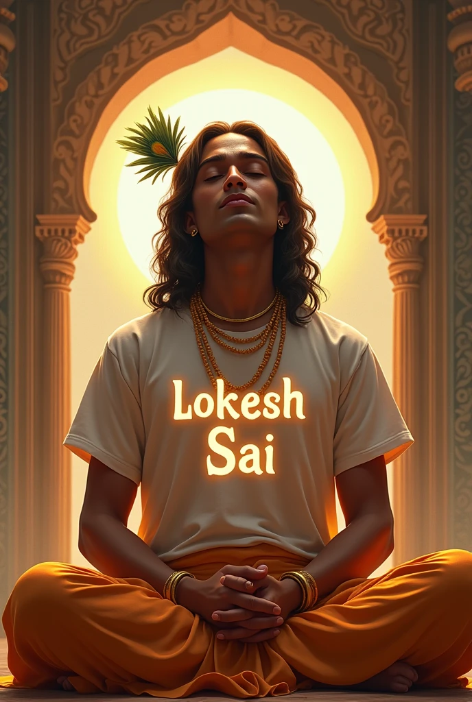 20 years old boy, is seated and praying in front of a Shivling adorned with flowers and belpata (green leaves). Behind him, there's a floral board with an image of Lord Shiva. The boy is wearing a white kurta on which name "Ujala" written clearly , have stylish hair and look very cute, and full beard enhancing the spiritual or religious ambiance.