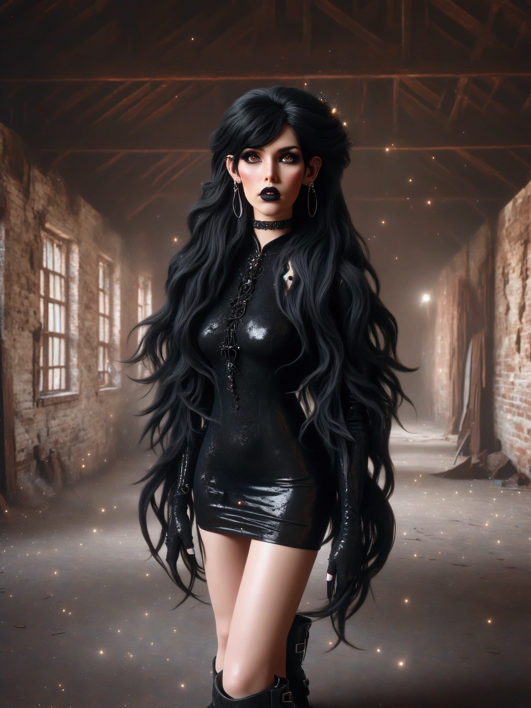 A 3D photorealistic image of a gothic woman with black hair and extremely long, ultra-realistic hair. She is wearing a black PVC dress outfit and black boots. She has multiple piercings, including a nose ring and several earrings on her ears. The woman is standing in an abandoned building with a rustic charm, featuring exposed bricks and wooden beams. There are abandoned items, such as a chair and a lamp, scattered around. The overall ambiance of the photo is dark and eerie.