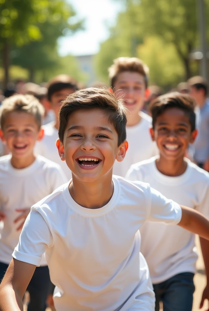 Generate a charming image of a scene where João, a cheerful child, is smiling while playing ball with his friends in the street. The scene portrays a sunny and lively afternoon, where the children are surrounded by houses with flower gardens and trees that cast shadows on the ground. John is in the center of the picture, wearing a colorful T-shirt and shorts, his eyes sparkling with happiness as he interacts with his friends. The other children around are also smiling and laughing, demonstrating how much fun they are having in this playtime. The ball is in the air, capturing the movement and energy of the match, and João's facial expression reflects the excitement of the game. The scene should convey a sense of childhood friendliness, fun, and innocence, with all elements of the image contributing to this positive atmosphere.