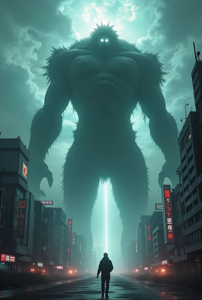 an gigantic ancient demon is barely visible inside the twilight, he is absorbing souls to his shining green scary lamp, people are scared running from him at bottom