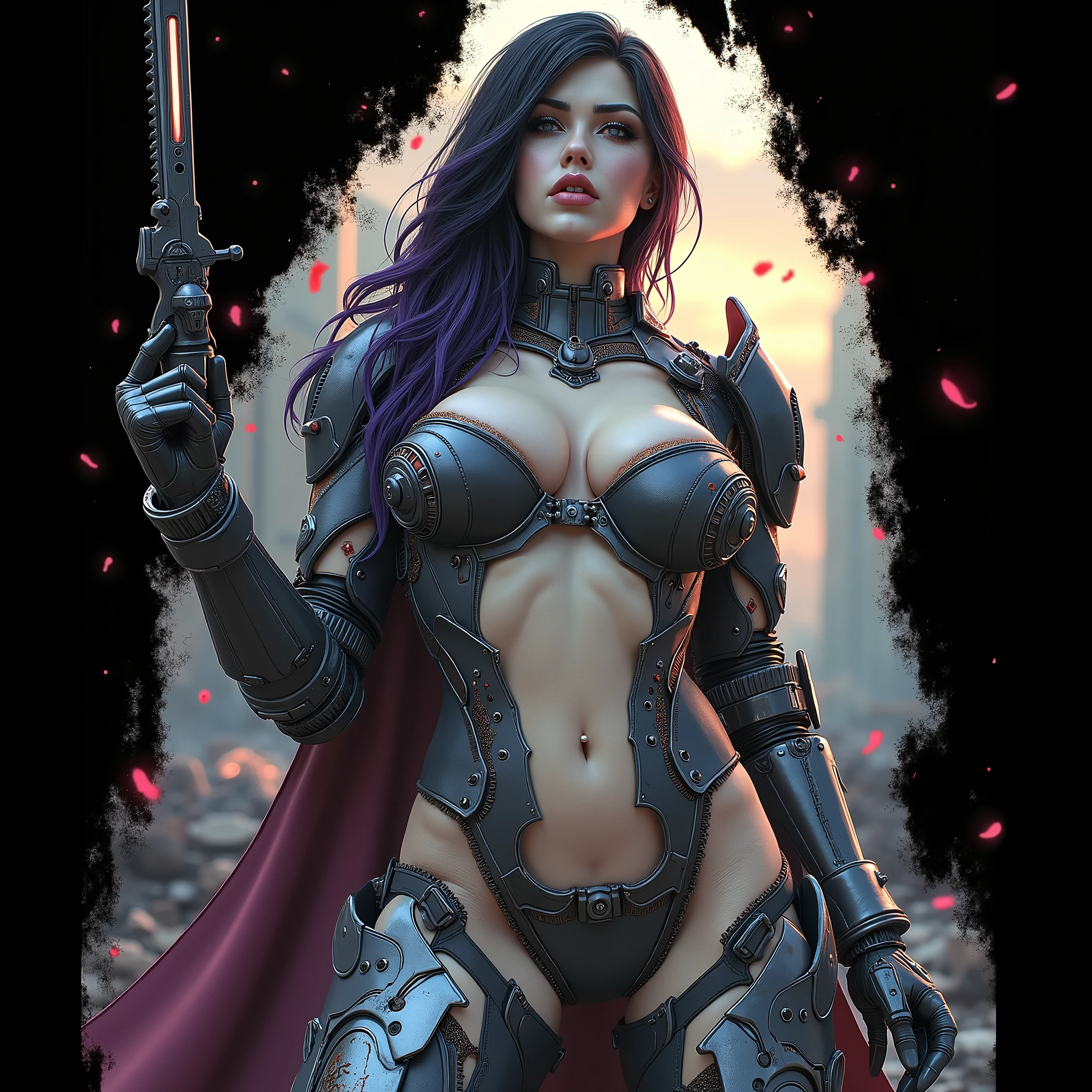 Masterpiece, Best Quality, Official Art, (Highly Detailed CG Unity 8k wallpaper), Detailed background, (Hands by Guido Daniele: 1.1). Full body pose sexy sisters of battle from the warhammer 40k, shooting at the enemy, white armor with intricate details, red armor with intricate details, religous symbols on the armor, sisters of battle, warhammer 40k, Massive silicone breast, pale skin, seductive, temptation, eat your soul, clevage, long flowing black hair with purple highlights, heavy gothic makeup, at night, neon, beautiful detailed eyes, beautiful detailed lips, extremely detailed eyes and face, long eyelashes, highly detailed armor, intricate futuristic weaponry, dramatic lighting, cinematic composition, muted color palette, gritty and realistic, mecha, science fiction, hyper-detailed, photorealistic, award winning digital art, 8k, HDR, masters work, in the middle of a battle field, full body combat action pose, explosions and fire around, full war, stunning, Stilleto heels, high heels, full body pose, cinematic, movie trailer, final stand!, nemesis, ready to strike, dust and debree, combat screams, attacking, shooting at the enemy, running forward, last line of defense, charging, fanatic, religious, templar knights, sisters of battle, warhammer 40k