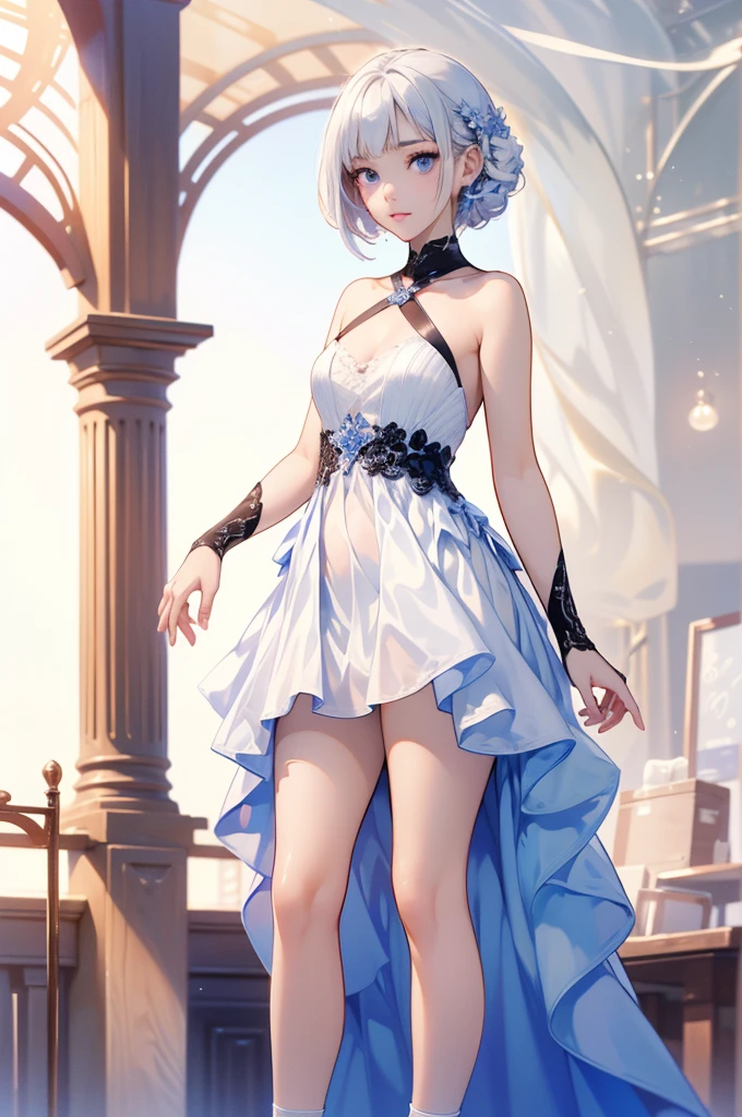 (Best Quality,4K,8k,High resolution,masterpiece:1.2)、White background only、Transparent Background、 (((One girl)))、、Slim body、Small breasts、Anatomically correct、Correct limbs、White Hair、Short Hair、Above the thigh、Standing upright、White Dress、White knee-length socks、Dynamic pose