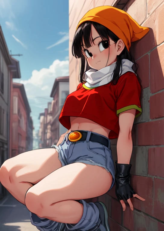 masterpiece, The best quality, The highest quality, photorealistic, perfect anatomy, Perfect face, perfect eyes,
pandballgt, 1 ***********, black eyes, black hair, short hair, orange scarf, pants, Fingerless gloves, red shirt, Crop above, exterior, , Women,((Show panties)), ((show legs)),pose sexy