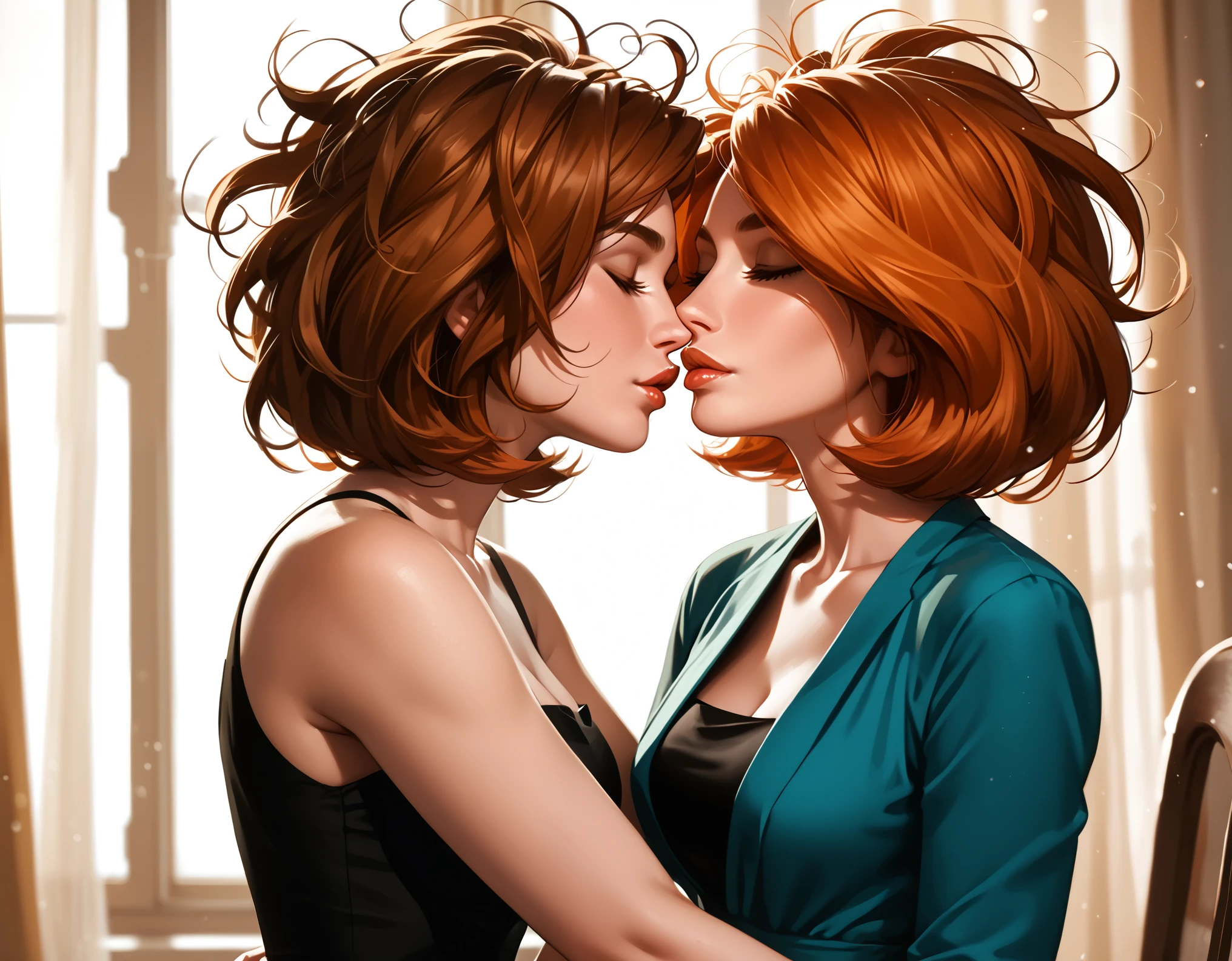 score_9, score_8_up, score_7_up, rating_questionable, epiCPhoto, 2girls, duo, couple, yuri, very sexy (Aunt Cass, brown hair, messy hair, short hair, wearing a black_dress:1.5), and (annpossible, orange-red hair, short hair, wearing a teal_dress:1.4), (focus on lips, after the kiss, lips close together:1.3), upright straddling, beautiful, graceful, elegant, beautiful scene, soft romantic lighting, in love, loving look on their faces, flirt, gaze, sexy look, eyes closed, head tilt, filled lips, thick lips, makeup, dark, moody, (dimly lit:1.4), highly detailed, sexy scene, absurdres, 4k, masterpiece, best quality, perfect hands, cowboy shot.