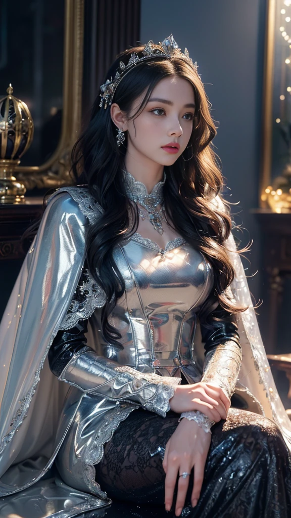 4K, UHD, Masterpiece, 1 girl, good face, detailed eyes, ((very long hair)), bridal hairstyle, butterfly on hair, ornaments, crystal ornaments, jwellery, block print dress, ((silver dress)), very detailed dress, strap dress, flowing cape, mesh stocking, cinematic unreal scenery, legendary scenery, rainy weather, wet ground, depth of field, ray tracing, bloom, god rays, lens flare, sun flare, cinematic pose, sitting,