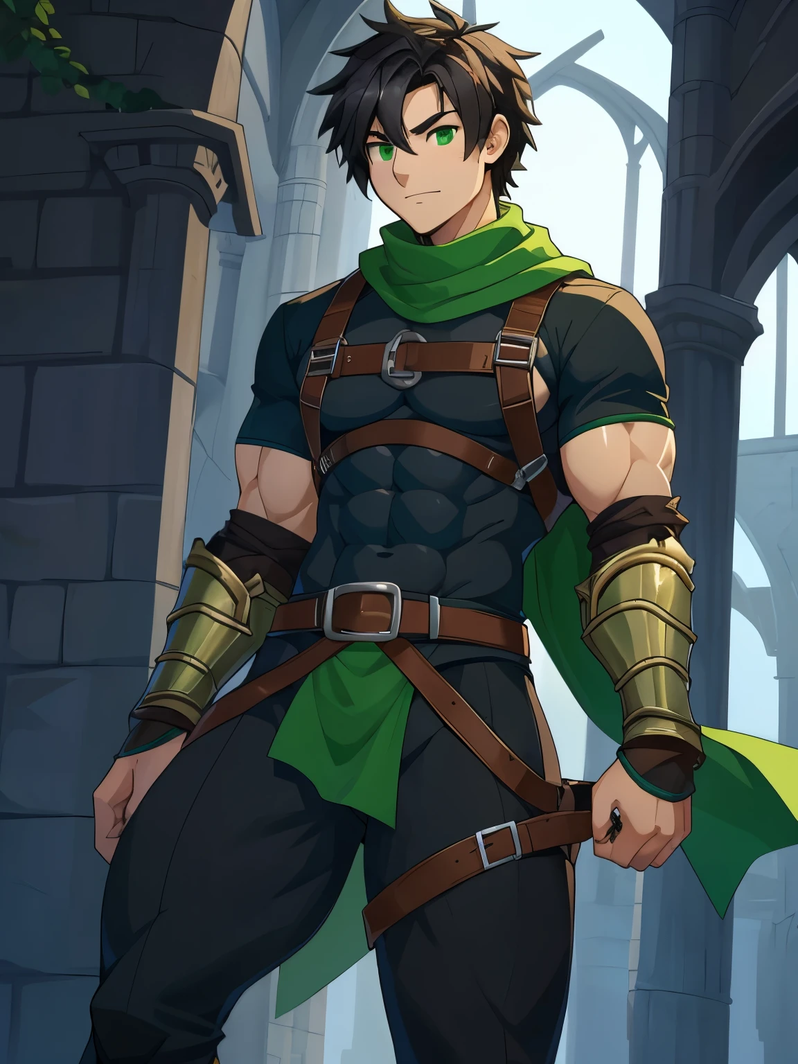 human, male, 22yo,
(black hair), green eyes,
pant, medieval metal armor, green scarf, (((tight-fitting)), short-sleeved blue tee-shirt), bdsm harness,
((thin body)), abs,
fullbody, correct anatomy, detailled hairs, detailled eyes, 8k