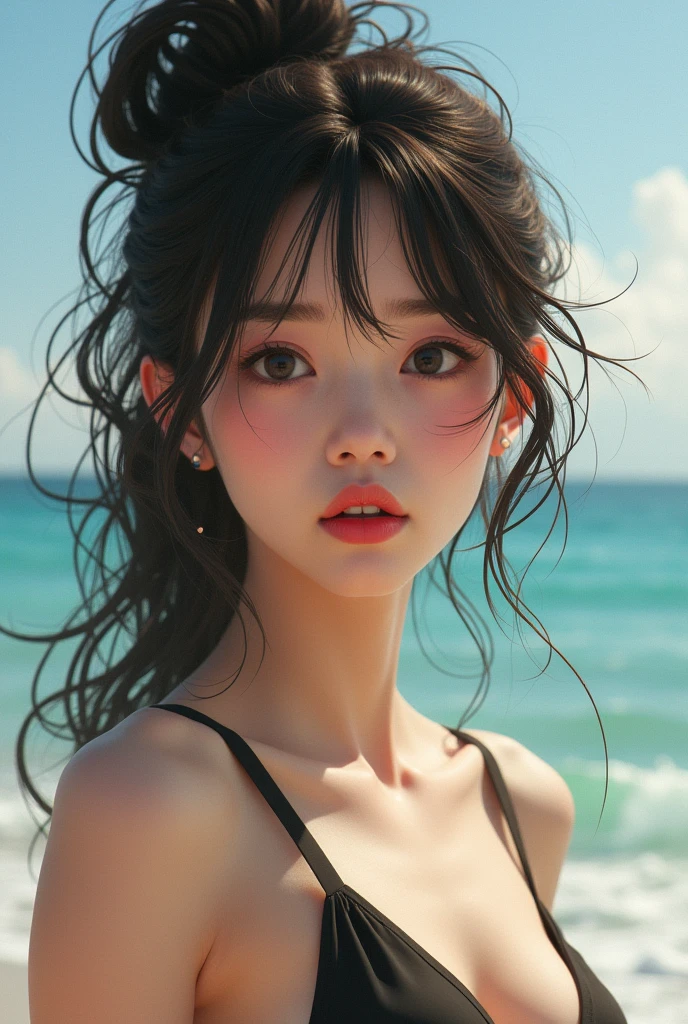 J-POP、Realistic photos、Focus on the face of the cute high school girl in a bikini.