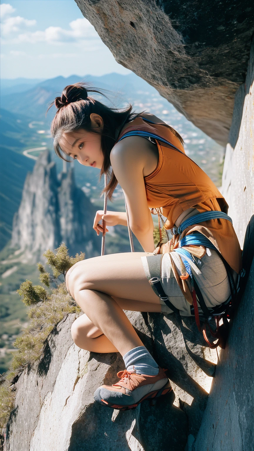 (nsfw), amateur photograph
occsan
(rock climbing up the side of a towering mountain peak, dressed in practical hiking gear, her muscular legs propelling her upwards, the breathtaking view from the summit visible below her.:1.4)
huge breasts
perky breasts
hanging breasts slim, thin, small waist
(beautiful skin), (beautiful eyes), cellulite, (detailed skin, skin blemish:1.2)
24mm, soft cinematic light, RAW photo, intricate, elegant, highly detailed, sharp focus, ((((cinematic look)))), soothing tones, insane details, hyperdetailed, low contrast, exposure blend, hdr, faded, shot on Canon Ae-1, taken on an old-school 35mm film, (analog photography), shadow, f1.4, Iso 800 grain, ultra high res, Best quality, masterpiece, ((color image)), intimate, drop shadow, clear background, (best quality:1.2), (highly detailed:1.1)
