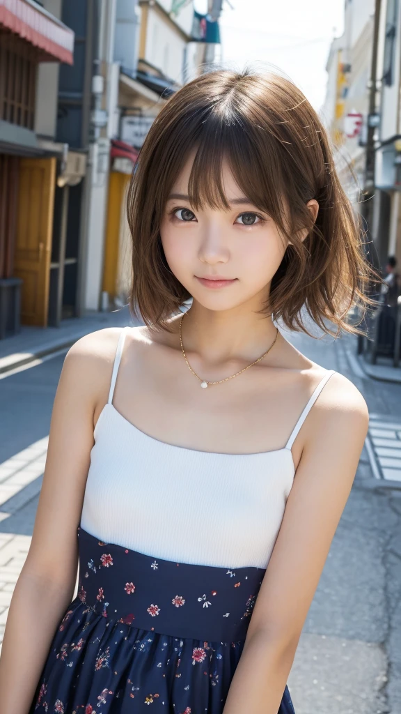 Incredibly cute girl,Very cute girl、White skin、(White sports bra)、 Professional Lighting、Tokyo Street,night, Streetscape,City lights,Upper Body,close,smile,, (8k, RAW Photos, Highest quality, masterpiece:1.2),(Realistic, photo-Realistic:1.37),Please lift your skirt、I can see your pants、erect nipples