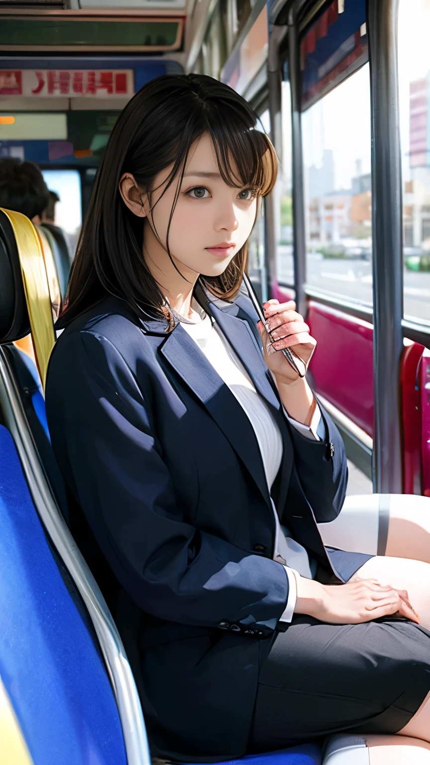 ((Upper Body))、(masterpiece:1.3), High resolution, Super detailed, Highly detailed CG Unity 8k wallpaper, Realistic, photo-Realistic, RAW Photos, Beautifully detailed face, Pale skin, Realistic glistening skin, Detailed cloth texture, Detailed hair texture, Perfect Style, Beautiful Face, Accurate, Anatomically correct, Highly detailed face and skin texture, Fine grain, Brown eyes, double eyelid, Thin eyebrows, (Droopy eyes:0.65), (Glitter Eyeliner:1.2), Natural Cheeks, Shiny skin, (Fair skin:1.2), Shiny necklace and earrings, (Glossy lips: 1.4),
break
(Classy and cute girl:1.3), (High ponytail hairstyles, Wavy Hair, Dark brown hair), (Captivating smile:1.2) (Wear an elegant business suit:1.3), (Black Stockings), Medium large breasts,
break
((Cowboy Shot:1.2)), (Sitting cross-legged seat pose:1.4), On the train by the door, ((Night city view:1.2)),