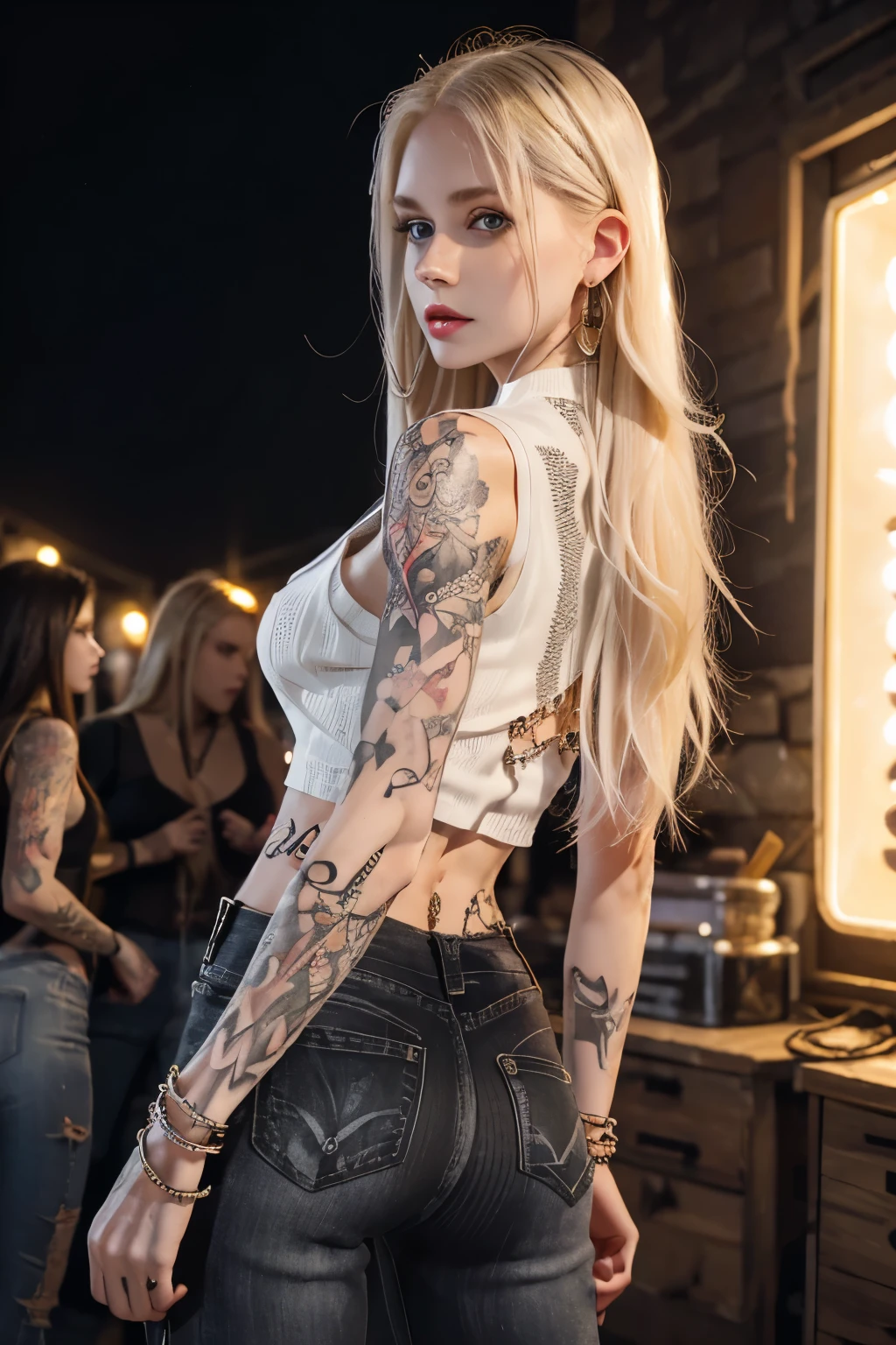 Ukrainian woman yo((very pale white skin)), toned body,((ash blond straight long hair))(((perfect anatomy))) (tattoo)((black crop top))(((knit vest))),(shredded jeans), many(necklaces), (Many earrings)(many bracelet). knit is open in the front. (fishnet)(frowning, glaring) in the festival, at night, ((looking back))