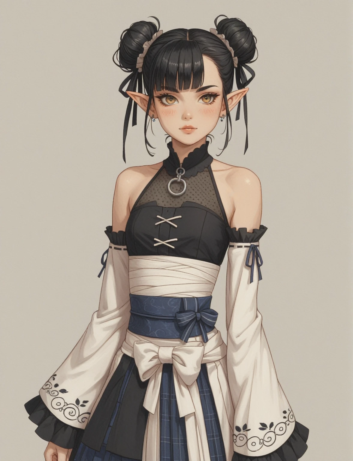 Create a digital illustration of a female character with elf ears with round dots instead of eyebrows. For the hairstyle, she should have black hair styled into a single bun at the back of her head, complemented by asymmetrically chopped bangs that transition into a long lock on one side. Her outfit should match short hakama with detached sleeves and frills under the shorts and the sleeves, in a gothic style, featuring intricate white lace patterns, detailed cutouts, and a white obi with a black seigaiha black pattern. The outfit should include layered skirts and ribbon details to emphasize a similar aesthetic. Add a muted background that complements her striking attire and hairstyle.