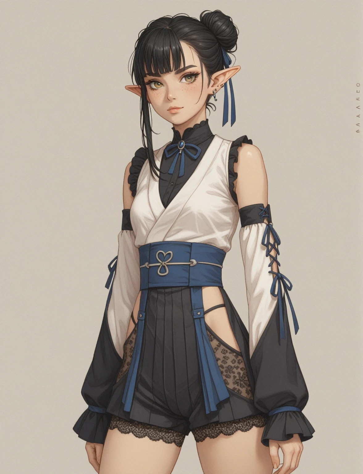 Create a digital illustration of a female character with elf ears with round dots instead of eyebrows. For the hairstyle, she should have black hair styled into a single bun at the back of her head, complemented by asymmetrically chopped bangs that transition into a long lock on one side. Her outfit should match short hakama with detached sleeves and frills under the shorts and the sleeves, in a gothic style, featuring intricate white lace patterns, detailed cutouts, and a white obi with a black seigaiha black pattern. The outfit should include layered skirts and ribbon details to emphasize a similar aesthetic. Add a muted background that complements her striking attire and hairstyle.