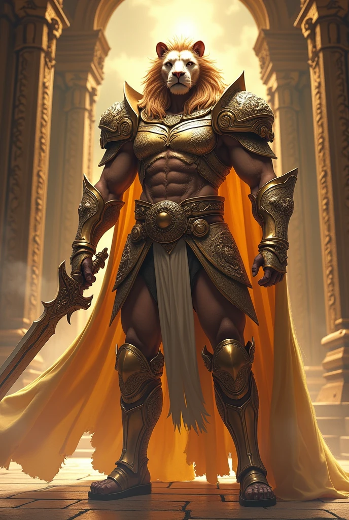 God of War, golden hair, gold eyes, Brutal Armor, Face like chiseled, in the middle of a battlefield, Antiquity, Anime Style