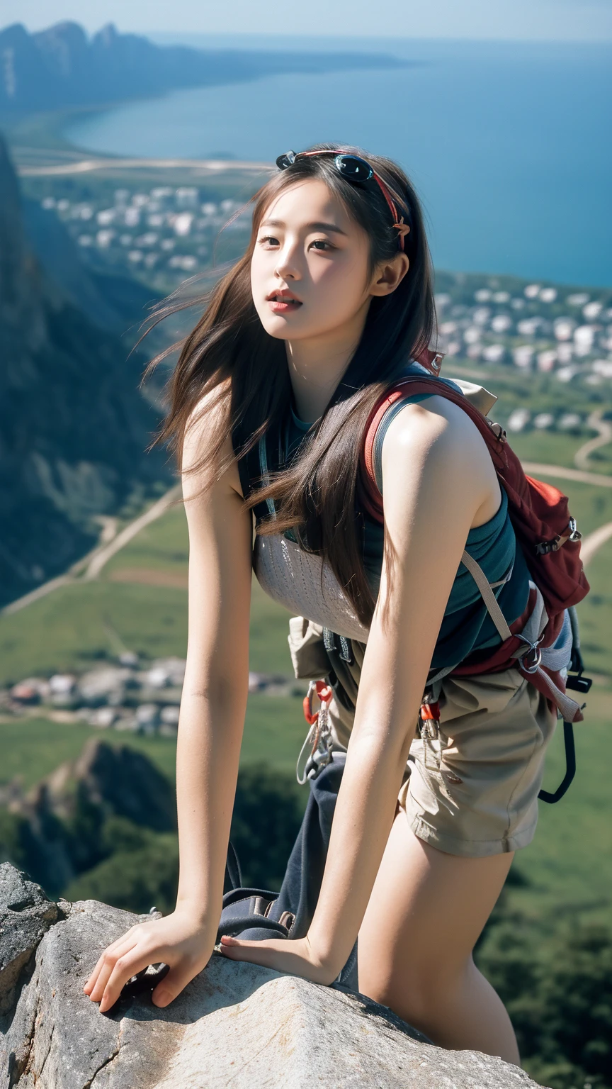 (nsfw), amateur photograph
occsan
(rock climbing up the side of a towering mountain peak, dressed in practical hiking gear, her muscular legs propelling her upwards, the breathtaking view from the summit visible below her.:1.4)
huge breasts
perky breasts
hanging breasts slim, thin, small waist
(beautiful skin), (beautiful eyes), cellulite, (detailed skin, skin blemish:1.2)
24mm, soft cinematic light, RAW photo, intricate, elegant, highly detailed, sharp focus, ((((cinematic look)))), soothing tones, insane details, hyperdetailed, low contrast, exposure blend, hdr, faded, shot on Canon Ae-1, taken on an old-school 35mm film, (analog photography), shadow, f1.4, Iso 800 grain, ultra high res, Best quality, masterpiece, ((color image)), intimate, drop shadow, clear background, (best quality:1.2), (highly detailed:1.1)
