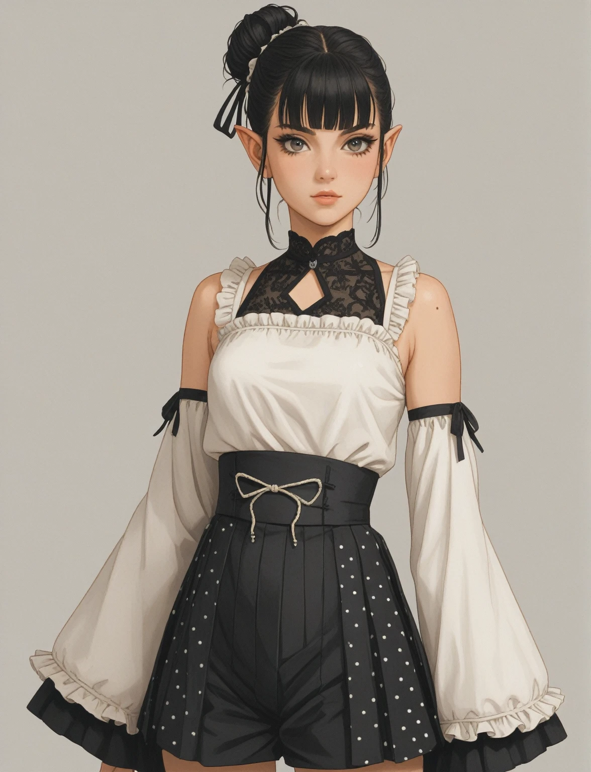 Create a digital illustration of a female character with elf ears with round dots instead of eyebrows. For the hairstyle, she should have black hair styled into a single bun at the back of her head, complemented by asymmetrically chopped bangs that transition into a long lock on one side. Her outfit should match short hakama with detached sleeves and frills under the shorts and the sleeves, in a gothic style, featuring intricate white lace patterns, detailed cutouts, and a white obi with a black seigaiha black pattern. The outfit should include layered skirts and ribbon details to emphasize a similar aesthetic. Add a muted background that complements her striking attire and hairstyle.