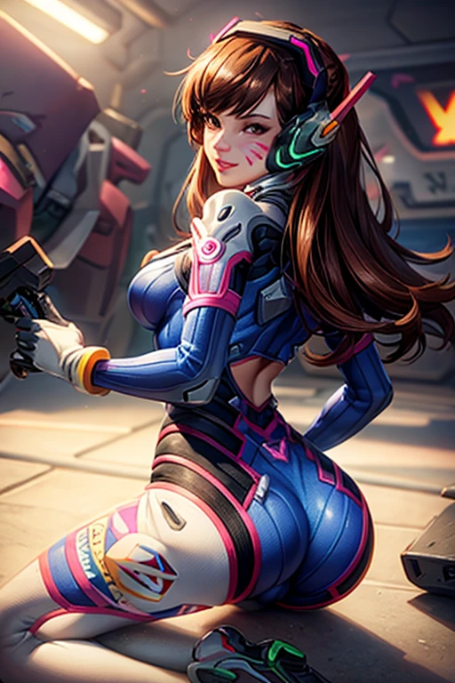 d.va_(overwatch), 1girl, whisker_markings, facial_mark, brown_hair, bodysuit, looking_back, headphones, solo, long_hair, ((showing ass)), pilot_suit, looking_at_viewer, brown_eyes, indoors, from_behind, breasts, meka_(overwatch), parted_lips, kneeling, bangs, facepaint, lips, (overwatch), medium_breasts, ribbed_bodysuit, skin_tight, artist_name, gloves, smile, (overwatch)