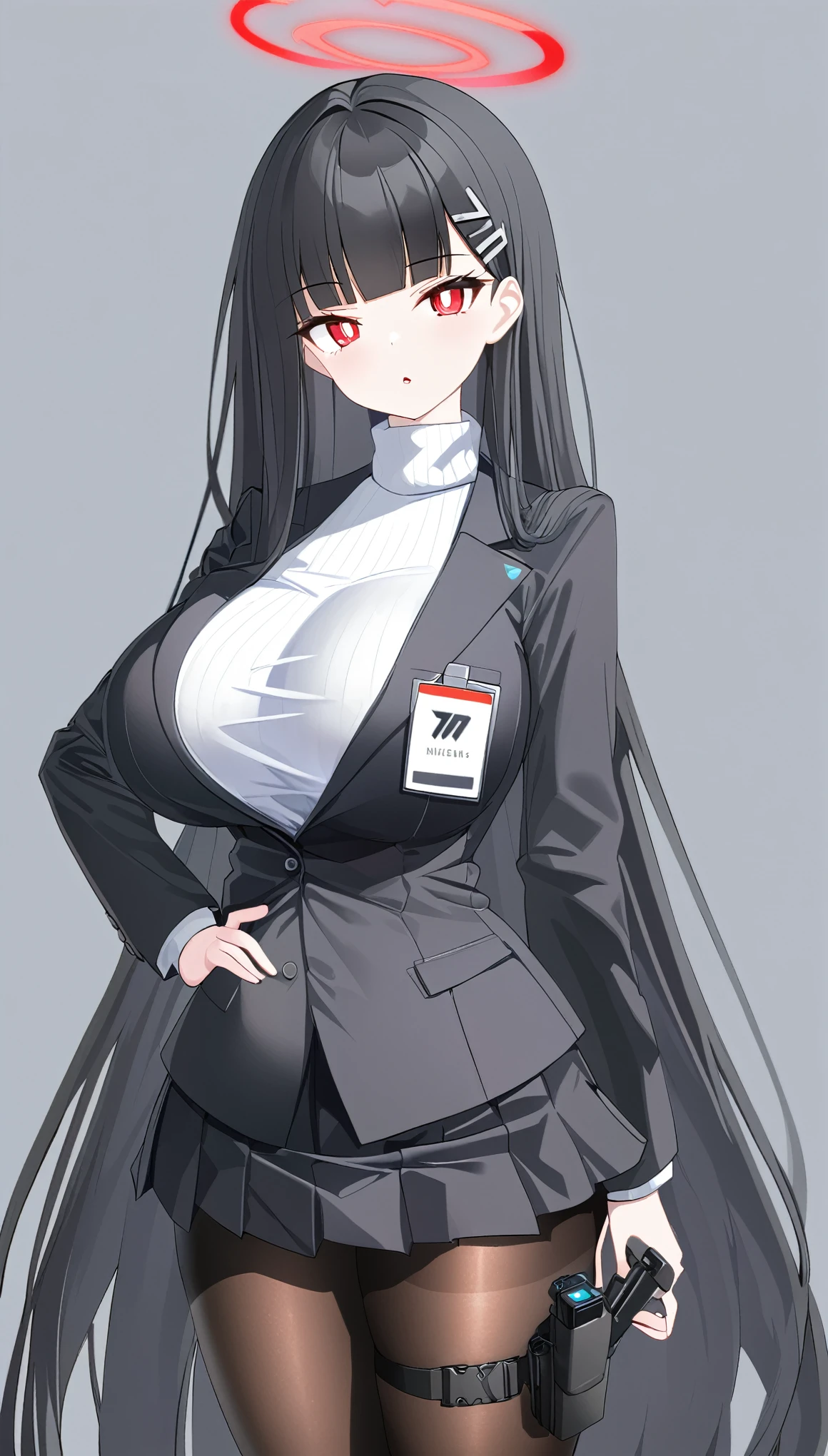 1girl, holster, skirt, thigh_holster, pantyhose, halo, breasts, red_eyes, long_hair, solo, black_hair, large_breasts, very_long_hair, turtleneck, jacket, pleated_skirt, hand_on_hip, black_pantyhose, tablet_pc, black_jacket, looking_at_viewer, holstered_weapon, hair_ornament, black_skirt, miniskirt, hairclip, id_card, simple_background, thigh_strap, bangs, parted_lips, long_sleeves, thigh_pouch, turtleneck_sweater, suit, black_suit, formal, cowboy_shot, bright_pupils, white_shirt, shirt, grey_background1girl,halo,black_hair,solo,red_eyes,long_hair,breasts,hair_ornament,bangs,very_long_hair,hairclip,blunt_bangs,black_suit,
License Scope:
Creative License Scope
 Online Image Generation
 Merge