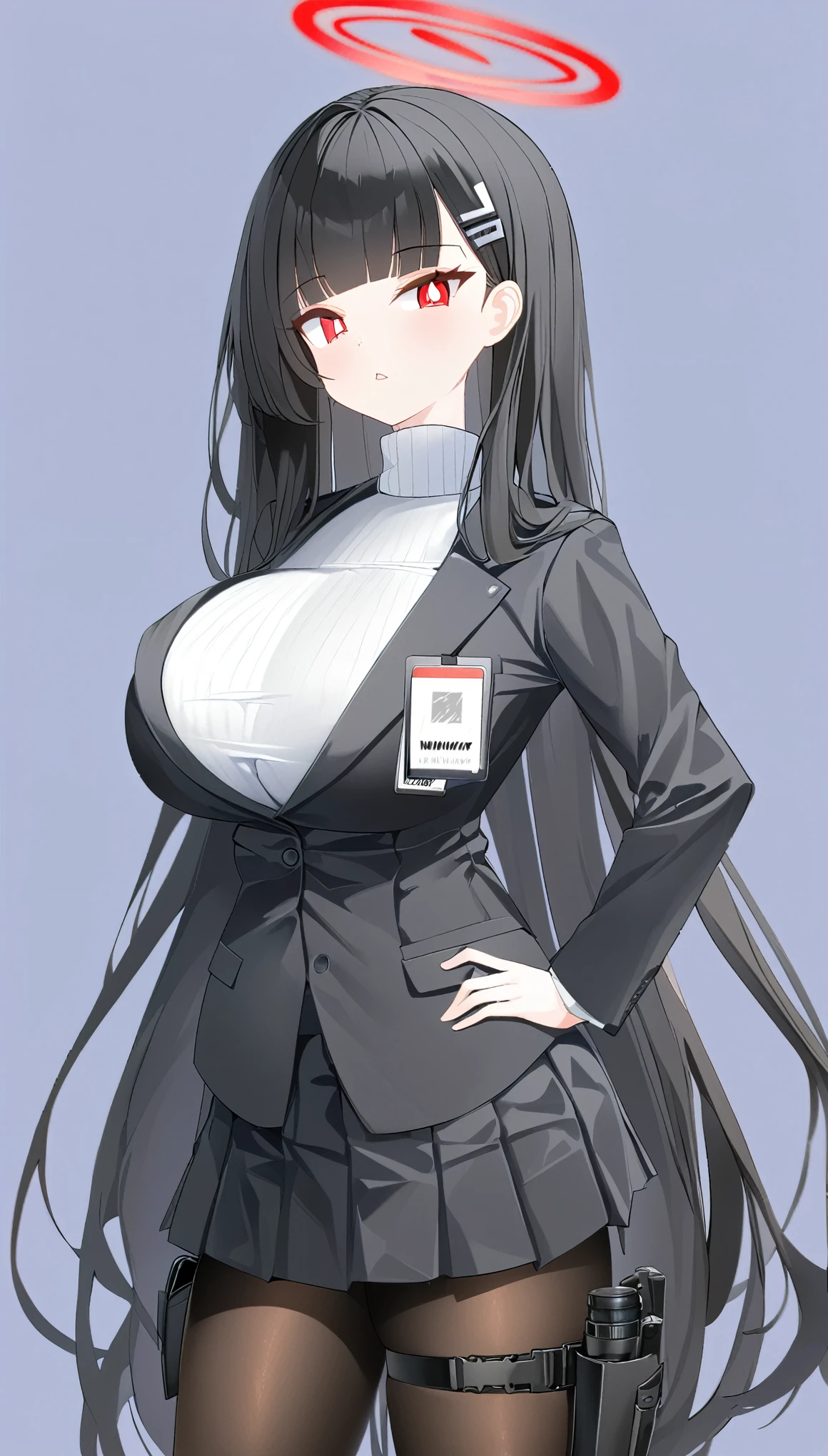 1girl, holster, skirt, thigh_holster, pantyhose, halo, breasts, red_eyes, long_hair, solo, black_hair, large_breasts, very_long_hair, turtleneck, jacket, pleated_skirt, hand_on_hip, black_pantyhose, tablet_pc, black_jacket, looking_at_viewer, holstered_weapon, hair_ornament, black_skirt, miniskirt, hairclip, id_card, simple_background, thigh_strap, bangs, parted_lips, long_sleeves, thigh_pouch, turtleneck_sweater, suit, black_suit, formal, cowboy_shot, bright_pupils, white_shirt, shirt, grey_background1girl,halo,black_hair,solo,red_eyes,long_hair,breasts,hair_ornament,bangs,very_long_hair,hairclip,blunt_bangs,black_suit,
License Scope:
Creative License Scope
 Online Image Generation
 Merge