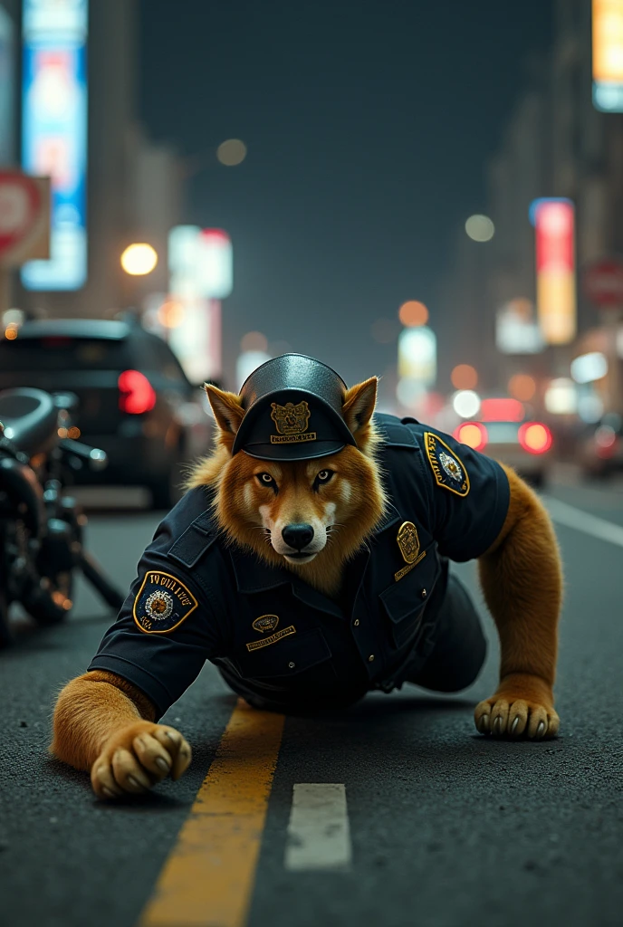 Golden Dog Head Man,muscular body,wearing trousers,black police uniform,wearing a helmet on his head,fell on the road,vehicle background,road,camera focus,realistic image,night atmosphere,latar samping ada motor yang jatuh di road,motorcycle body fragments