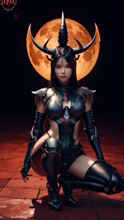 A girl in a detailed cliff in a digital artwork, with horns and a latex bodysuit. The view is from below, showcasing her colored skin, hooves, and features of a monster girl or demon girl. She has sharp claws and her eyes have a serious sparkle. The image is of the best quality, with a slaanesh art style.