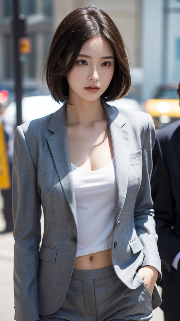 Solo,Korean girl, (office suit:1), large breast, standing, face the camera, masterpiece, perfect, outdoor, cleavage, short hair, glasses
