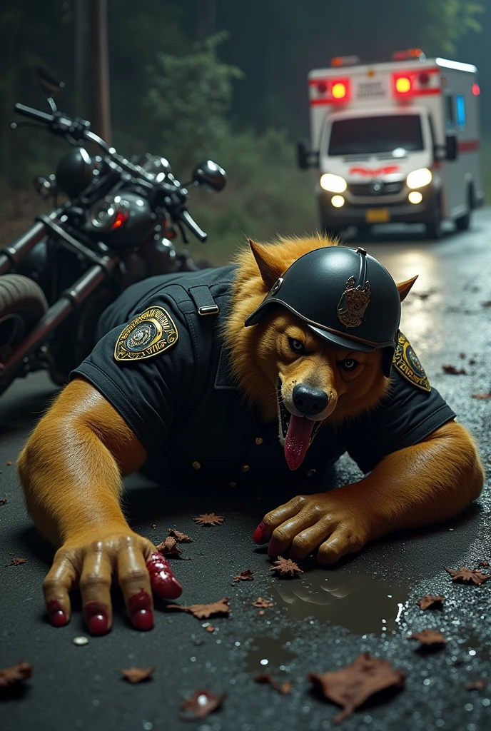 Golden Dog Head Man,muscular body,wearing trousers,black police uniform,wearing a helmet on his head,fell on the road,sleep,bloody mouth,injured hand,vehicle background,ambulance,nurse,road,camera focus,realistic image,night atmosphere,latar samping ada motor yang jatuh di road,motorcycle body fragments