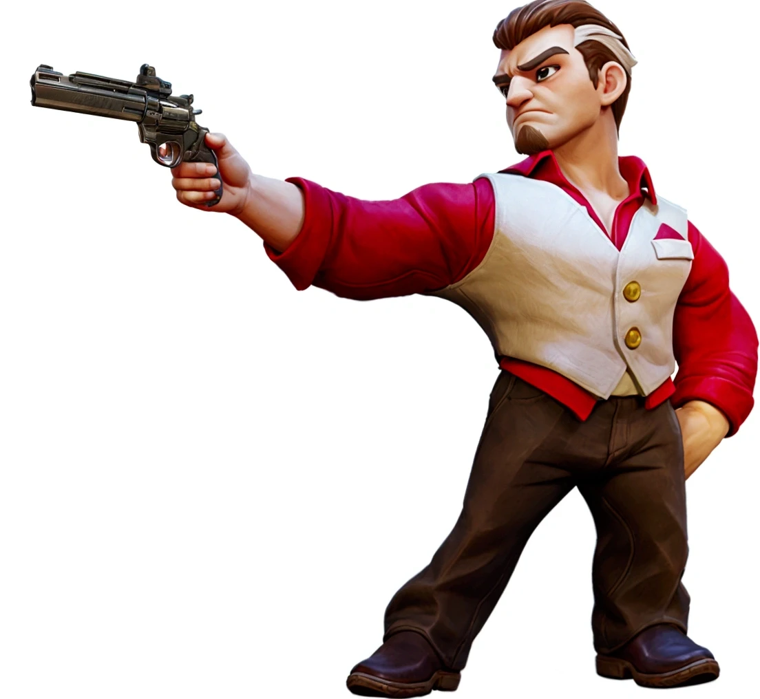 A gangster with a revolver in his right hand，A fierce and evil expression，Authentic hair texture，Insert your right hand in your pocket，Deep eyes，Red shirt，White vest，Brown pants，leather shoes，Metal texture pistol，More clothing details，Realistic clothing folds，Cartoon Characters，UE5 Rendering，3D Rendering，3D cartoon model，Pixar style，Disney style，Warm lighting