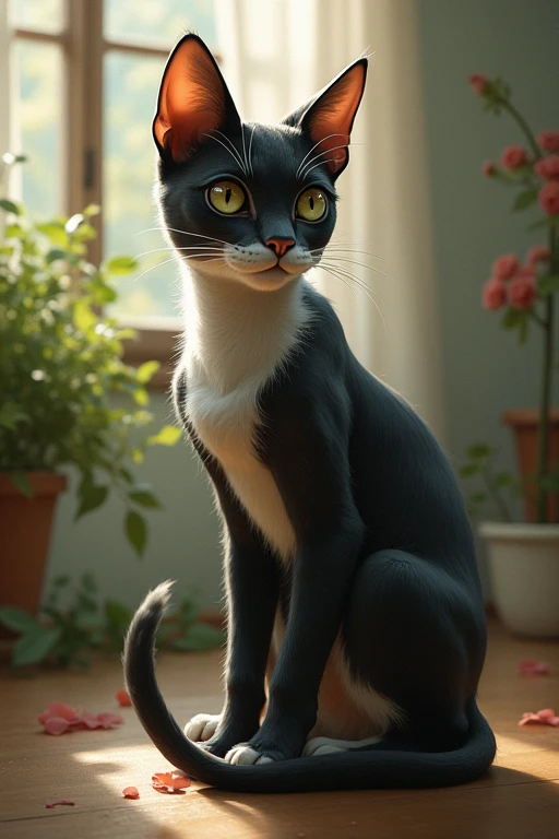 side, a bouquet of vibrant, fragrant flowers adds a touch of delight and enchantment to the scene. Gato's regal demeanor and serene expression convey a sense of wisdom and power, embodying the spirit of the Ultra detailed, magnificent and captivating anthro cat, Gato, beneath the Ultra-bright and enchanting Luna full and round. The rich, textured fur of this sleek and handsome feline glimmers in the gentle moonlight, casting a warm, inviting glow upon the brick walls of the cozy alleyway. Puddles of water reflect the Moon's gentle light, adding to the tranquil ambiance. Every