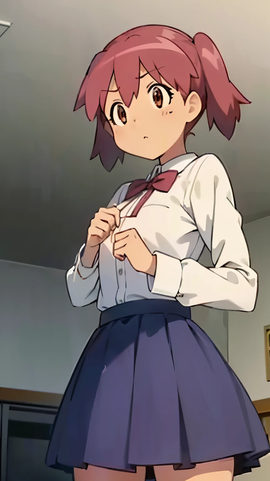 , The upper body is not wearing anything, The upper body is not wearing anything, The upper body is not wearing anything, Small breasts, Small breasts, Small breasts, hanadera tax, medium hair, brown hair, hairclip,
, white shirt, long sleeves, pinafore, red neck ribbon,
blue shirt, two-tone shirt, buttons, pink skirt,
flower hair ornament,
brown eyes,
pink hair,, topless, topless, topless, Nipples are visible, Nipples are visible, Nipples are visible, Large nipples, garden, The upper body is not wearing anything, The upper body is not wearing anything, The upper body is not wearing anything, Small breasts, Small breasts, Small breasts, high quality, high detail, beautiful, 8K, Detailed face, Detailed nipples,