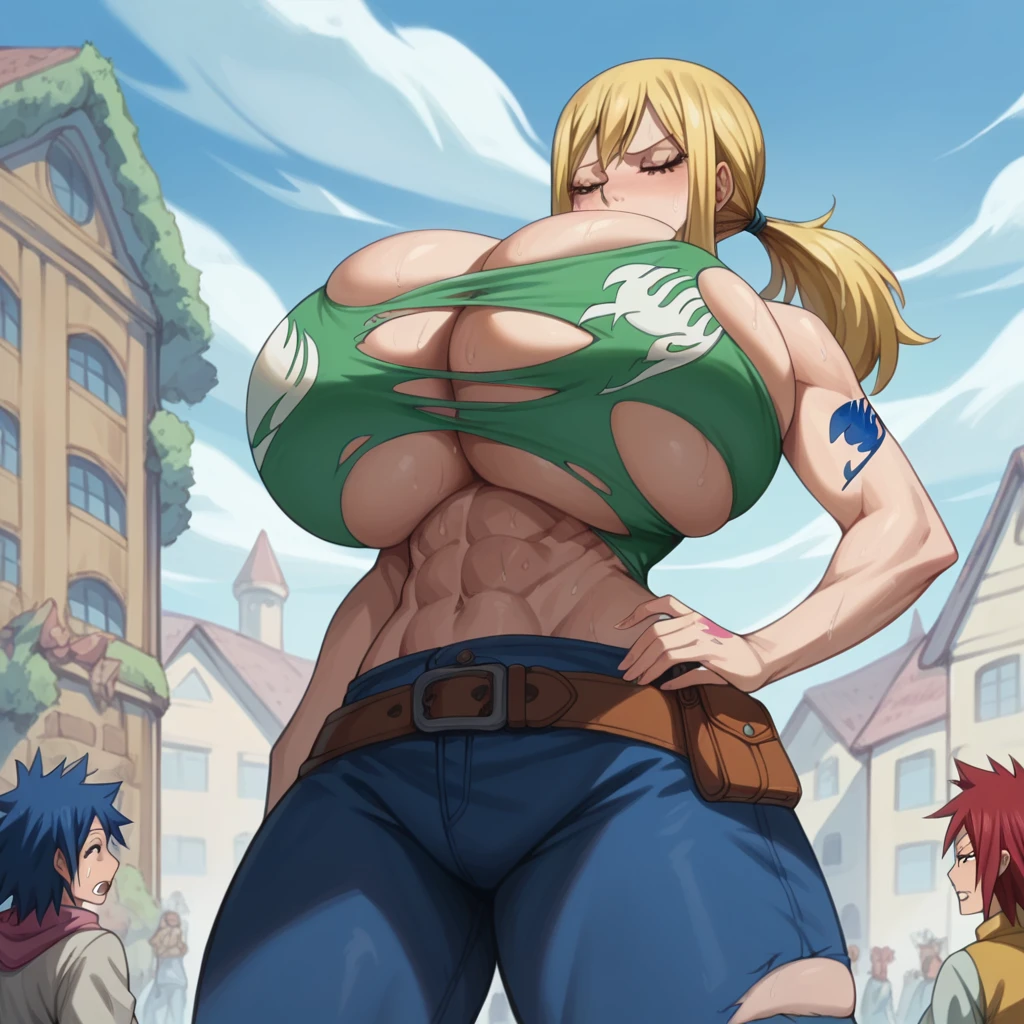 Massive breasts, {Ultra gigantic breasts} massive cleavage, mature, hot and sweaty, ripped clothes, medieval city, giantess, masturbating, orgasm, toned abs, muscular, lucy, ripped clothes, fairy tail