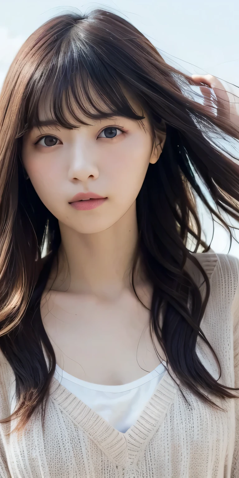 (detailed and realistic portrait of a girl with a clean face), (round eyes and long flutters hair shot outside),staring at camera,magical photography, dramatic lighting, photo realism, ultra-detailed,
intimate portrait composition, (centered image composition),(close up shot:1.6),best quality,f/1. 8, 85mm,
(28years asian woman), black_hair,(black_eyes:1.2),(bangs),makeup,white_dress,
(hazy blue_sky_background)