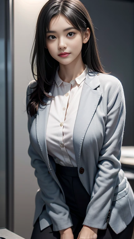 (((オフィスレディ、OL、office lady、formal clothes、shiny gray vest)))、(((horseshoe-shaped hairband)))、sexy,formal ,in the bank,vivid color panty,high heel、(((full body,including legs)))、Dressed up、(Photo real:1.4)、(A hyper-realistic:1.4)、(Photorealistic:1.3)、 (gentle lighting: 1.05)、(Improve the lighting quality of your video:0.9)、32k、 1Girl、25years old girl、photorealistic lighting、Back lighting、Facial Lights、Ray Trace、(bright:1.2)、(Increase quality:1.4)、 (best quality real texture skin)、Fair eyes,Delicate and delicate face、 (tired and sleepy and satisfied : 0.0), Close-up of the face,shiny gray vest,tight gray blouse [button gap :1.2],very tight gray shirt ,((([see through shirts:1.5], {covered nipples}))), gray mini skirt , (Bodyline mood improvement:1.1)、Glossy skin、wavy hair、韓国アイドル、乃木坂アイドル、Sculptural Idol Pose、little smile,blush,Beautiful actress、Neat woman,whole body, small breasts,(perfect row of teeth),slender waist and hip,beautiful long leg,(full shot)、((8heads tall)、(((誘惑している、恥ずかしい)))、random dynamic pose,(eye shadow),(red cheek、red lips),Super Clean Night View、night time、blush,little smile,(((full shot)))、(((dynamic pose,gravure pose))),(((in the luxury night office)))